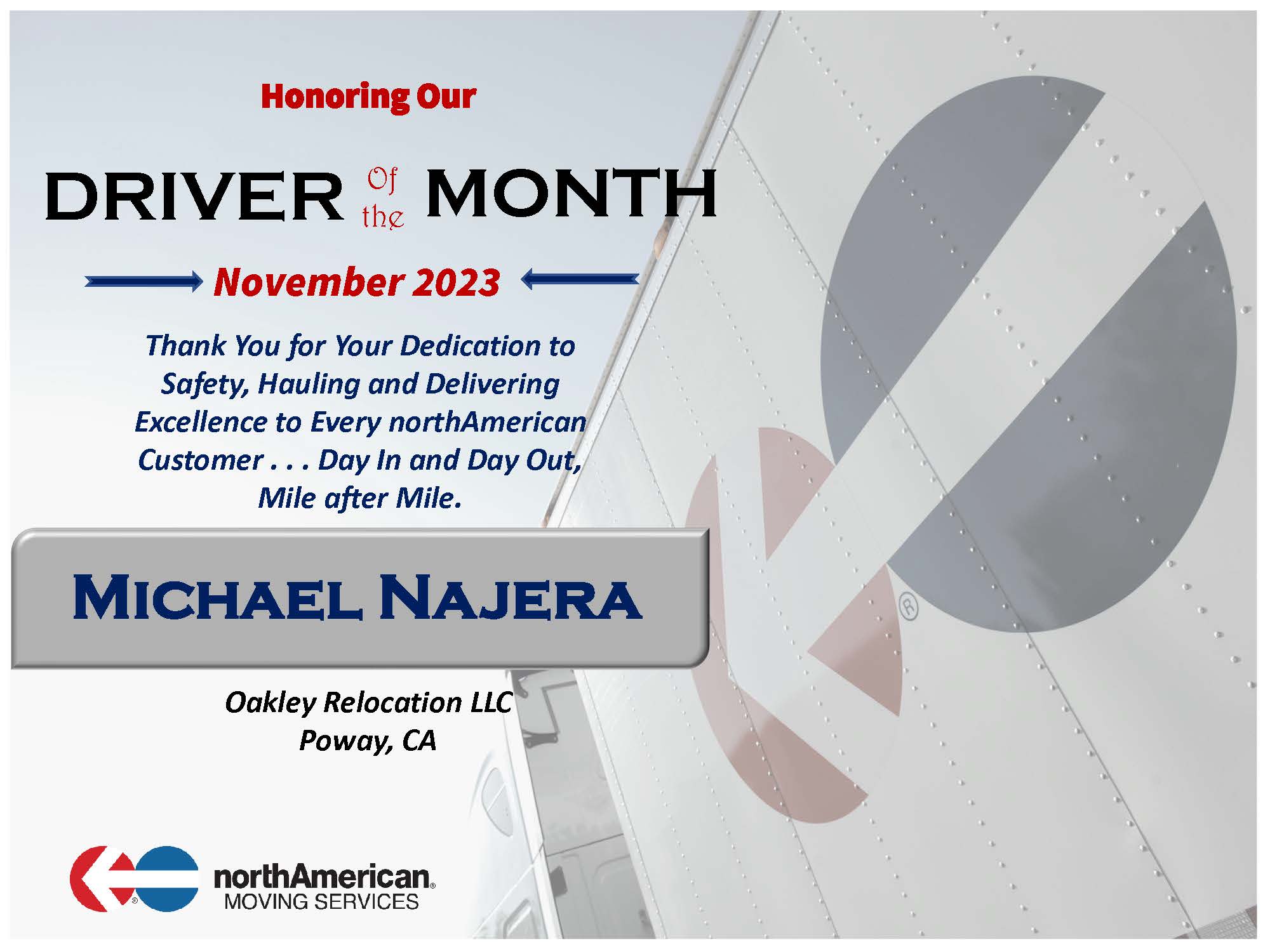Michael Najera is the North American Van Lines November 2023 Driver of the Month