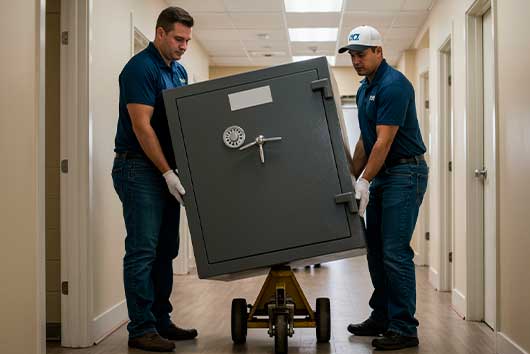 Two men in blue shirts carefully carry a large safe, demonstrating proper technique for moving heavy equipment.