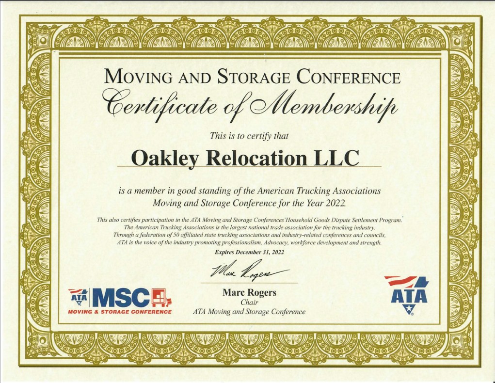 Oakley Relocation Earns Moving & Storage Conference Membership Certification
