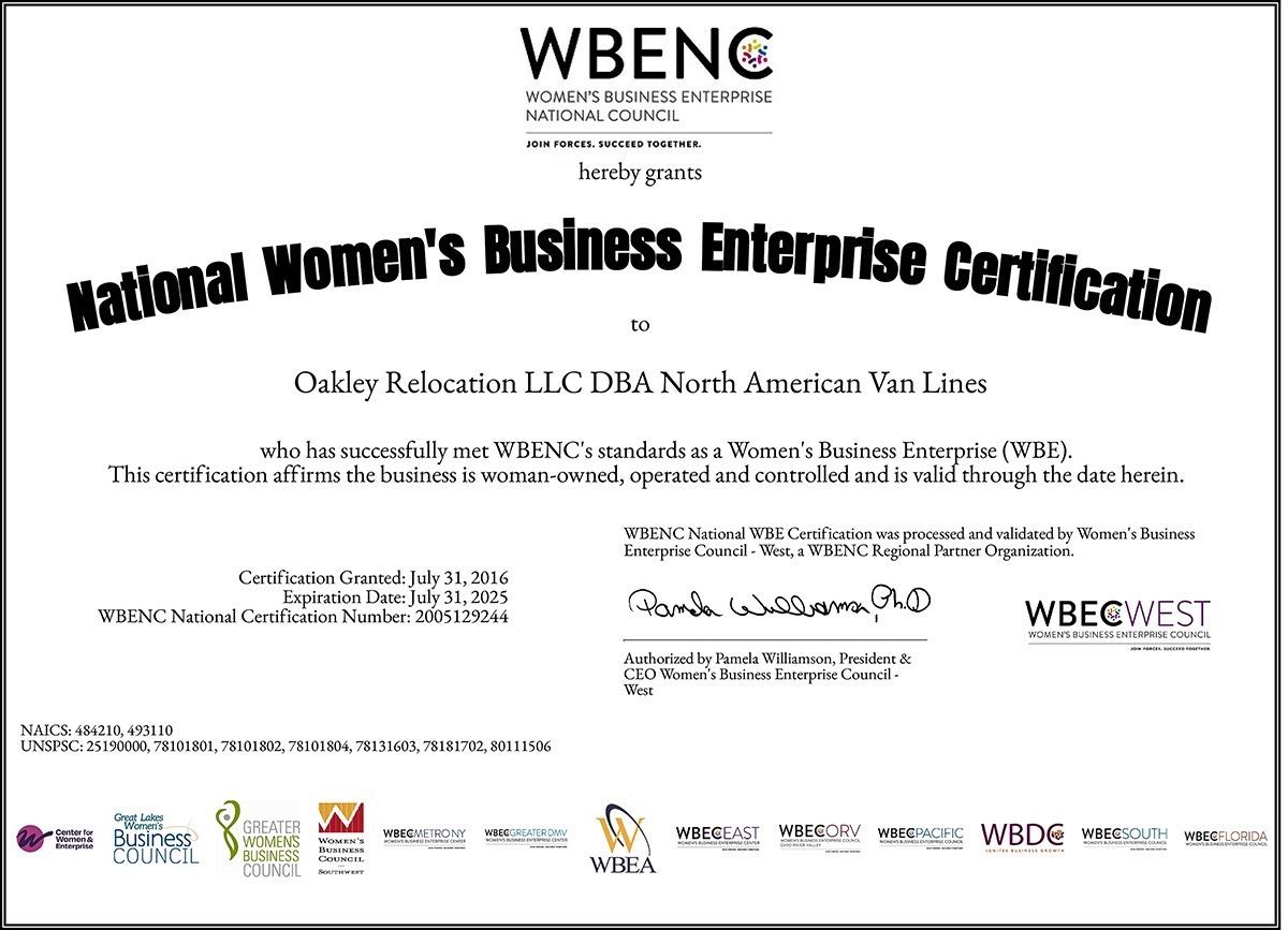 2024: Oakley Relocation LLC Re-Certified by WBENC